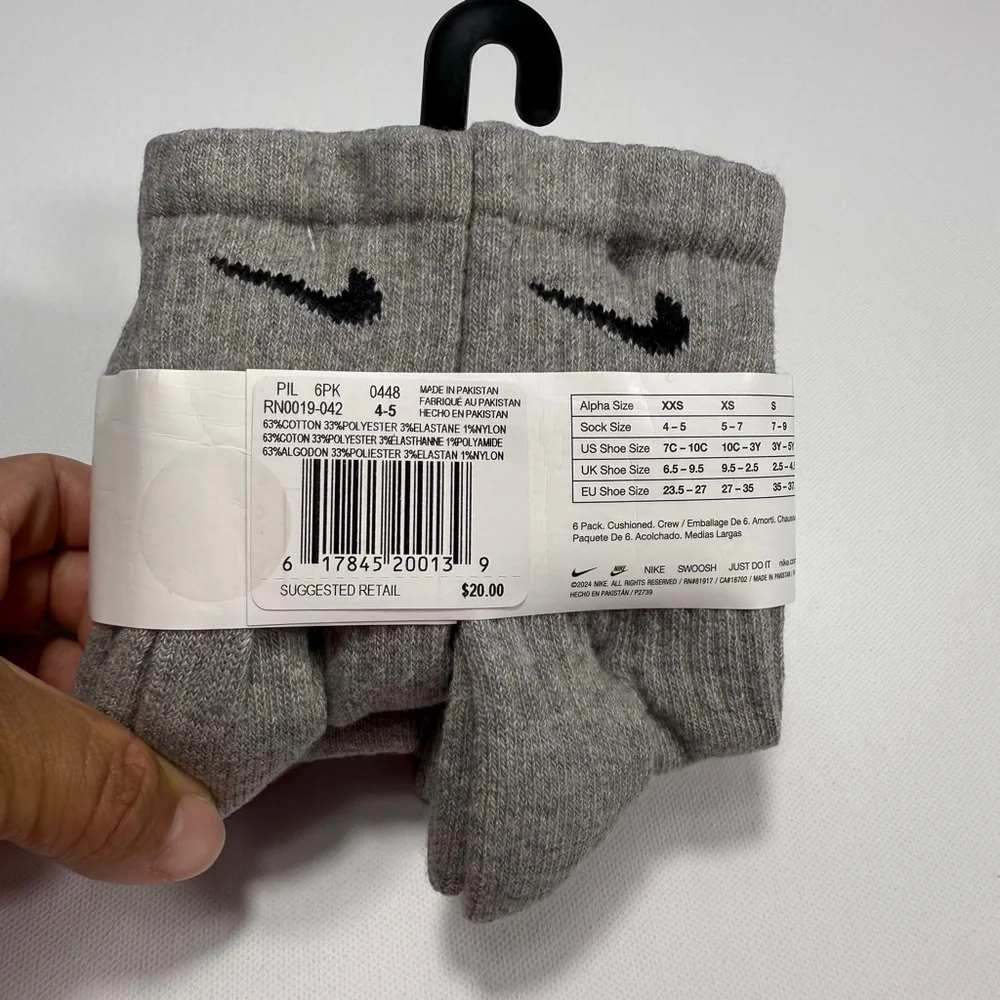 Girls Nike Gray Black Dri-Fit Crew Socks 6-Pack